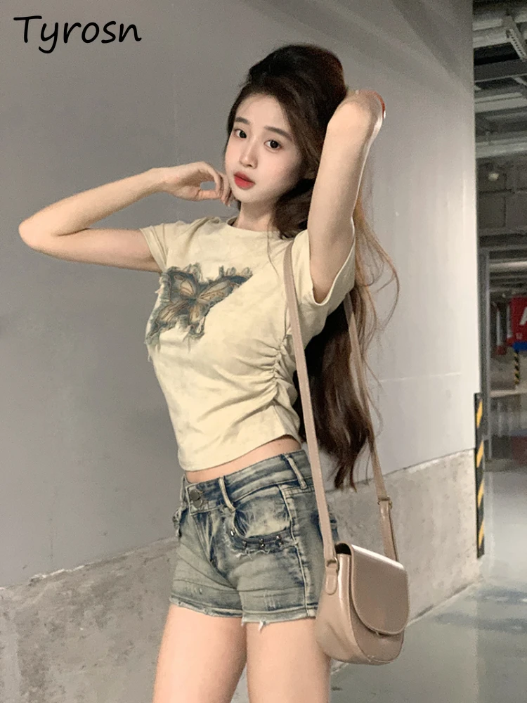 

Short Sleeve T-shirts Women Summer Clothing Patchwork Cropped Chic Fashion Female Tops Vintage Hotsweet Daily Casual Streetwear