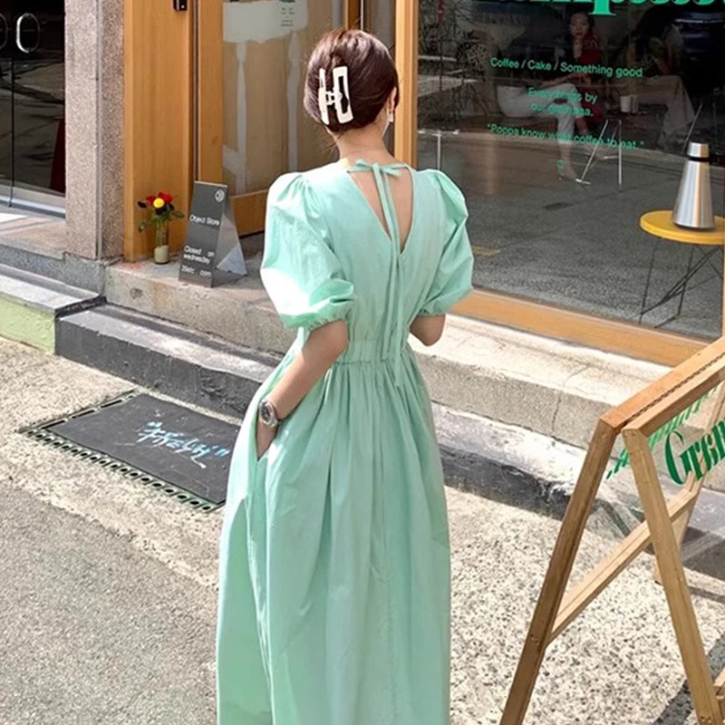 우아한 여름 소프트 스퀘어 칼라 오픈 백 허리 장착 슬리밍 솔리드 컬러 a 라인 롱 드레스 여성 세련된 실루엣 