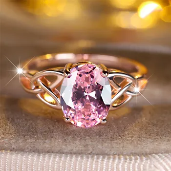 Elegant Pink Crystal Big Oval Stone Rings For Women Vintage Hollow Rose Gold Color Wedding Band Bridal Jewelry Engagement Gifts