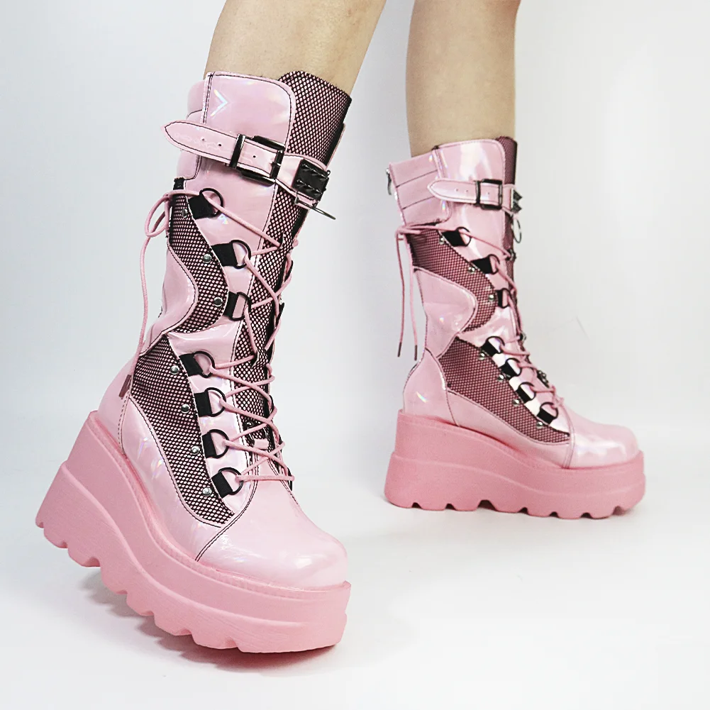 2022 Autumn Winter Sale Punk Halloween Witch Cosplay Platform High Wedges Heels Black Gothic Calf Boots Women Shoes Big Size 43 