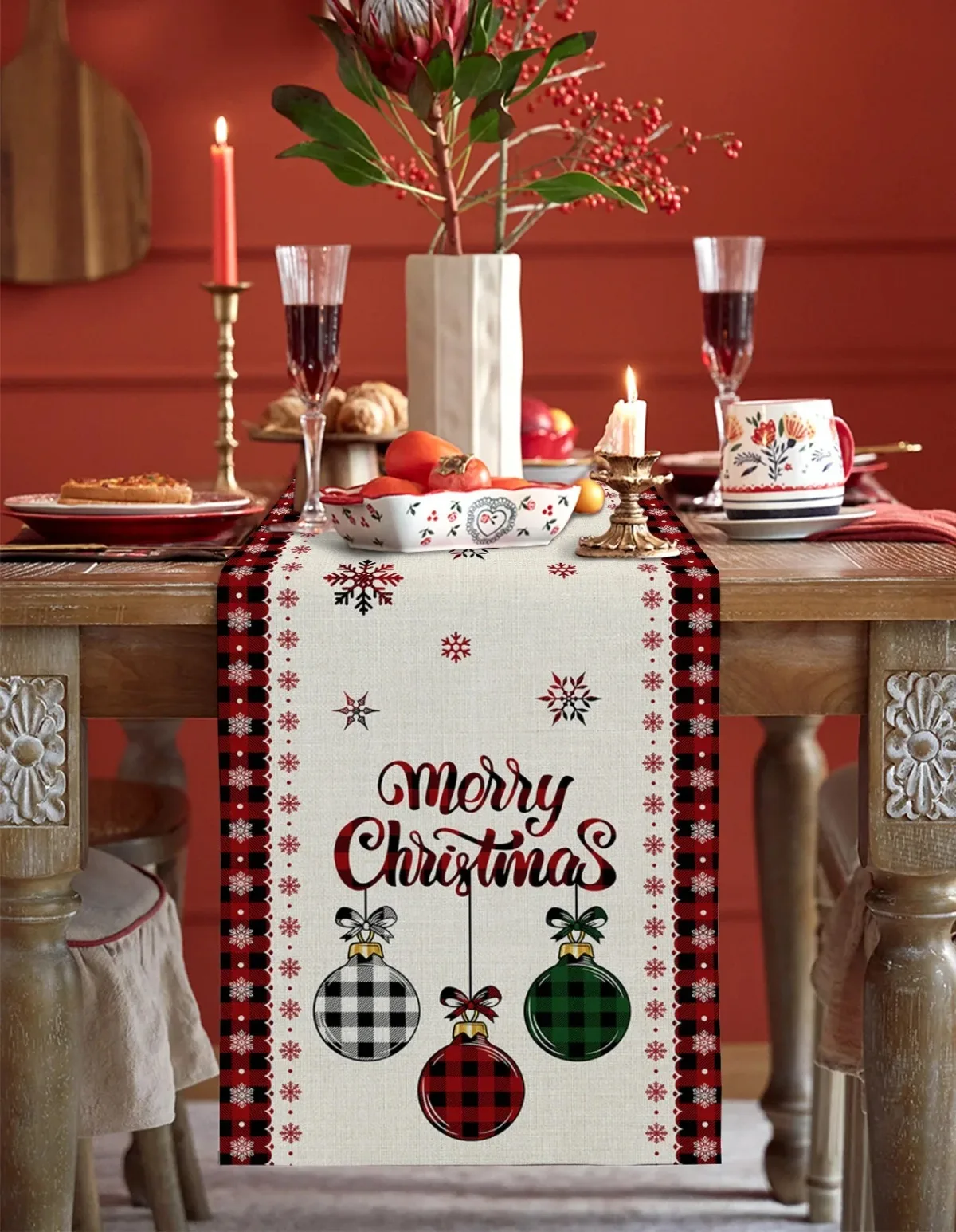 Merry Christmas Tree Ball Linen Table Runners Holiday Party Decor Reusable Dining Wedding Navidad Decorations 4