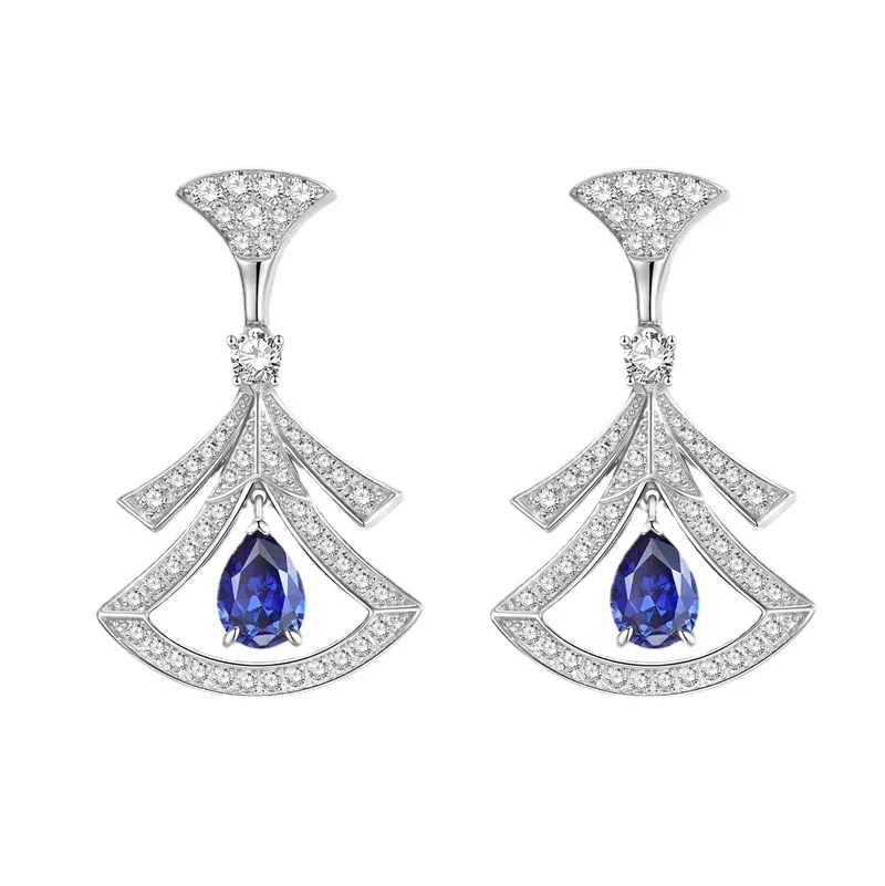 

2023 New S925 Sterling Silver Micro Set One Carat Pear shaped Sapphire Deluxe Full Diamond Classic Earrings