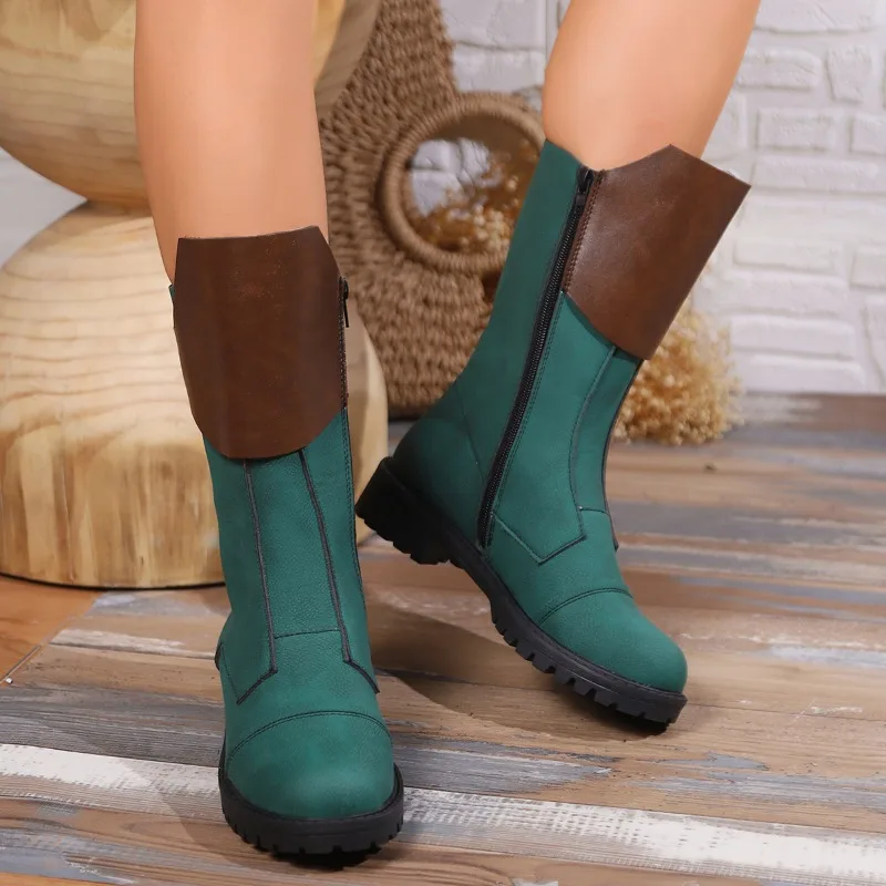 

Женские зимние ботинки на молнии сбоку, женские ботинки до середины икры, повседневная женская обувь на квадратном каблуке, женские ботинки на низком каблуке, зима 2023