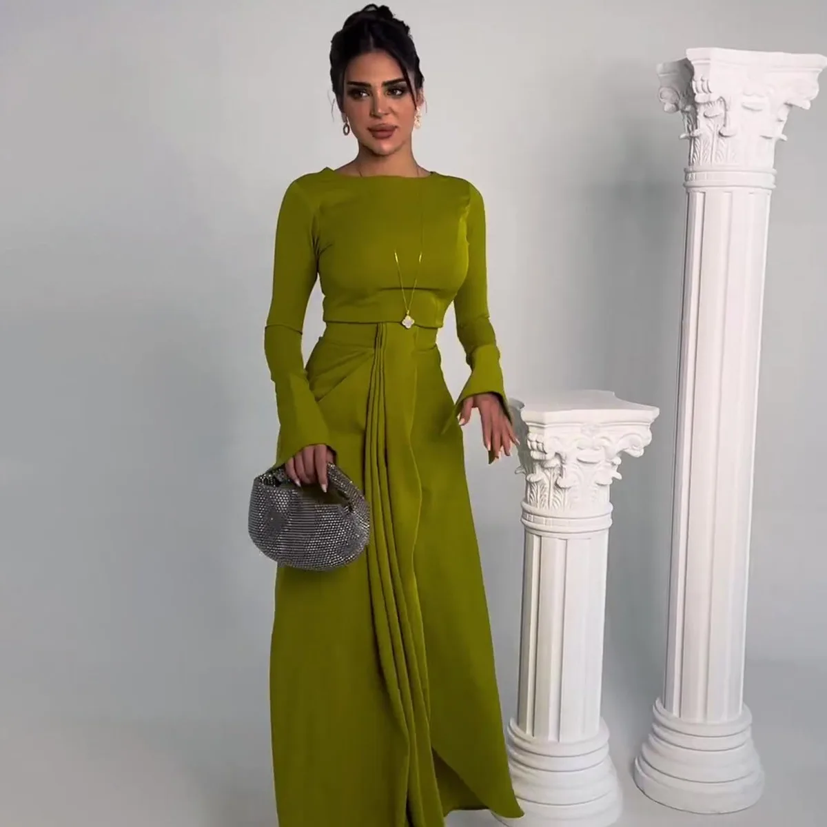 

Fashion Women's Dress 2023 Fall New Temperament Green Satin Flared Sleeves Waist Pleated Long Dress Free Shipping
