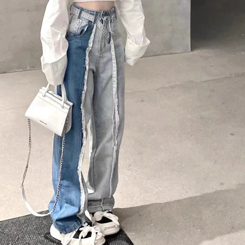 

Two Color Splicing Raw Edge Washed Jeans Female Spring and Autumn Large Size High Waist Straight Loose Slim Wide Leg Pants