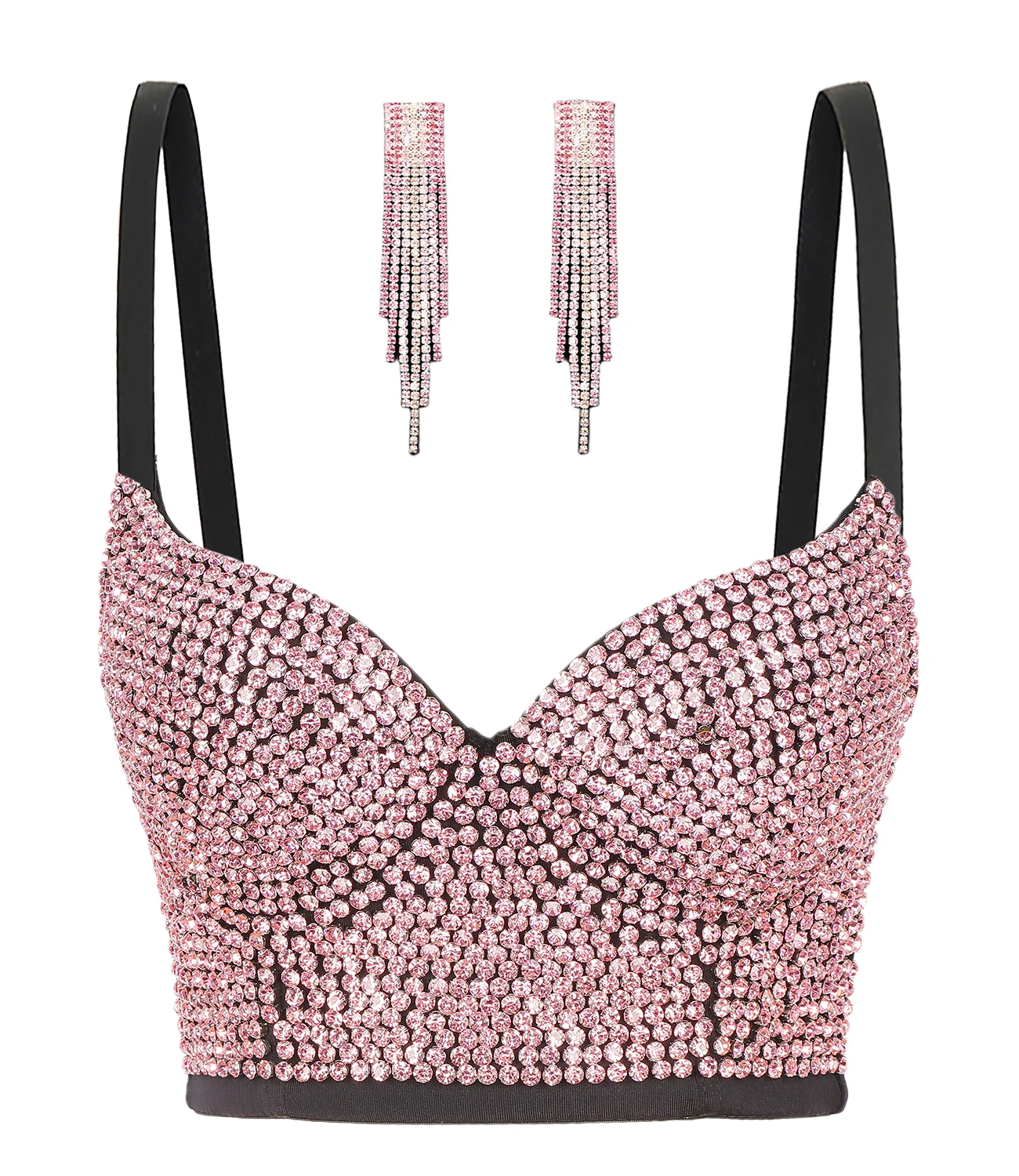 Women's Handmade Diamond Push-up Bustier Crop Top Sexy Corset Bra with Shining Tassels Rhinestone Earring Drop Shipping