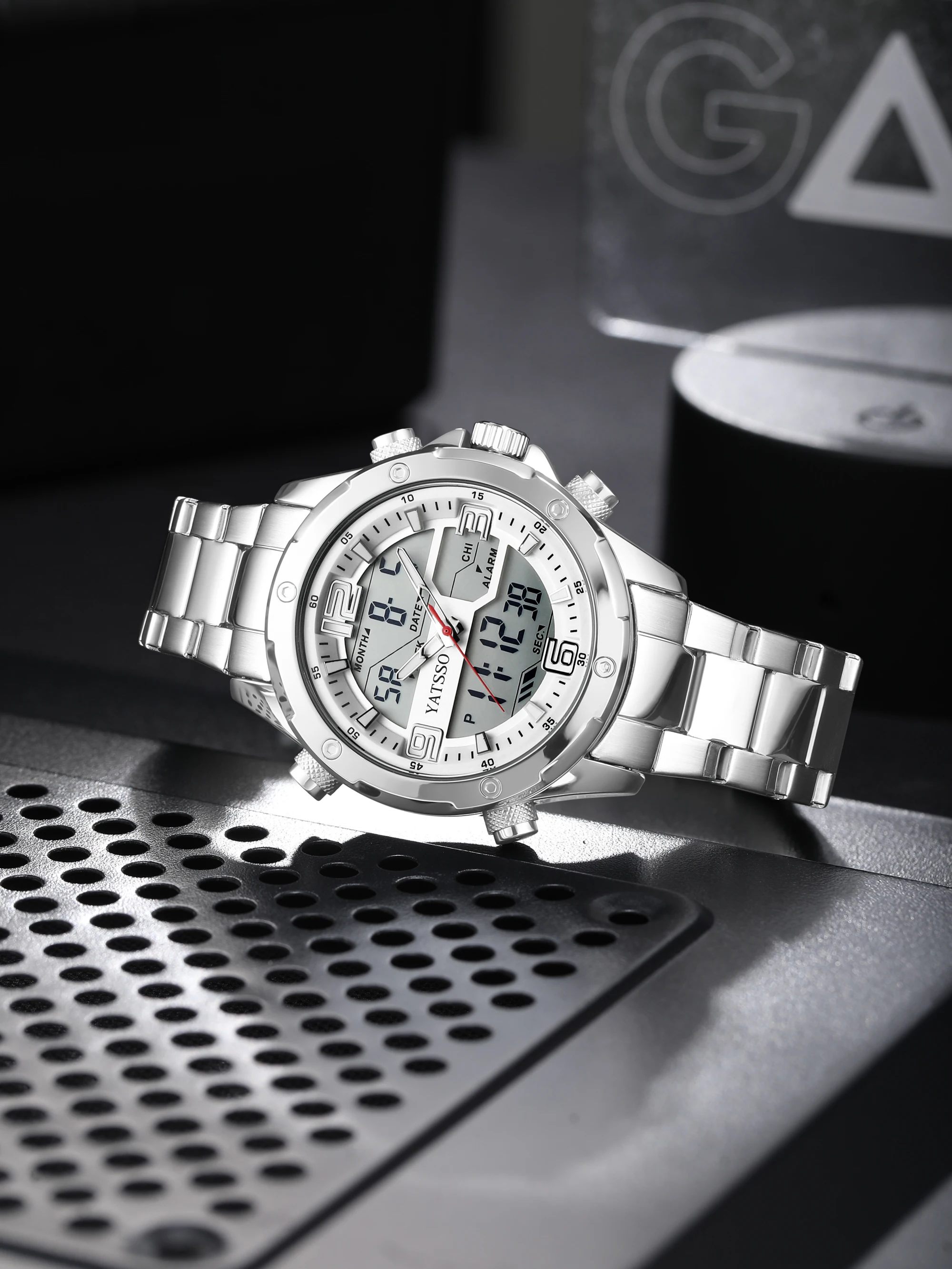 Men's Dual Movement Hybrid Watch - 45mm Alloy Case with Steel Band, Luminous Hands, Alarm, Date Display, and 5ATM Water Resistance