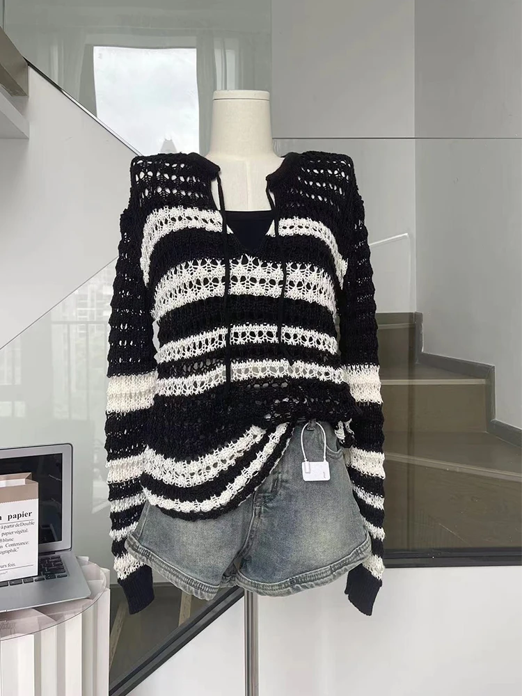 

Женский трикотажный пуловер в полоску, простой винтажный хлопковый джемпер с V-образным вырезом, Свободный вязаный пуловер с длинным рукавом, Ажурные топы, Осень-зима 2023