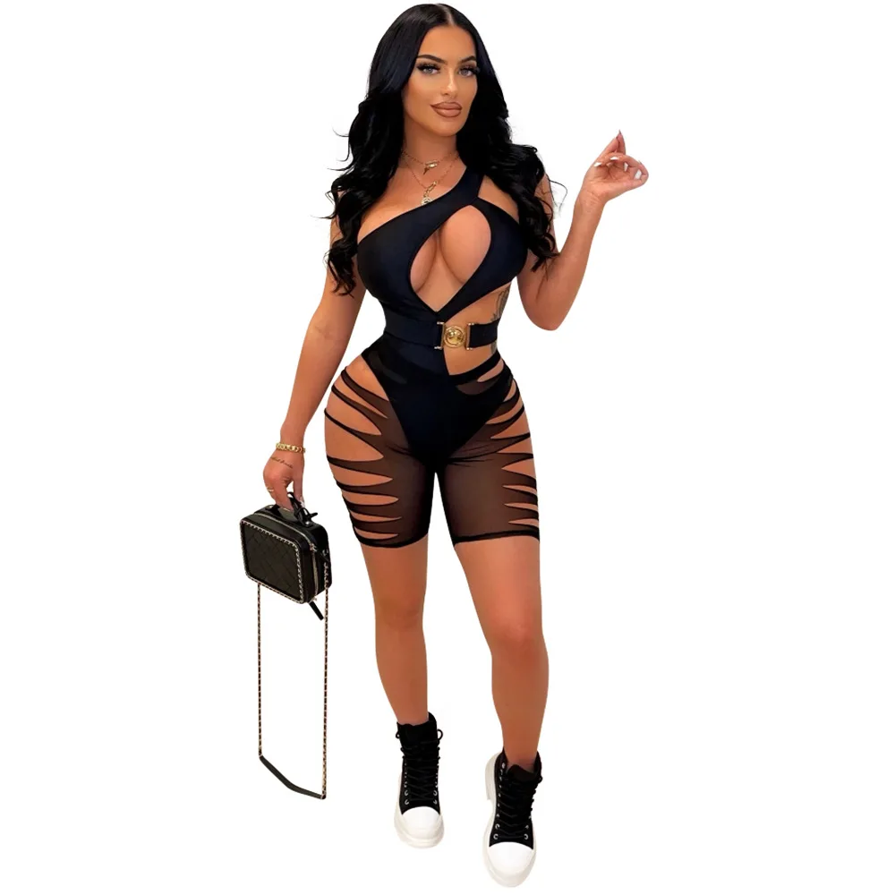 

LEOSD Fashion sexy One Shoulder cut-out See Through Shorts Set tight irregular summer two piece set women outfit 2023