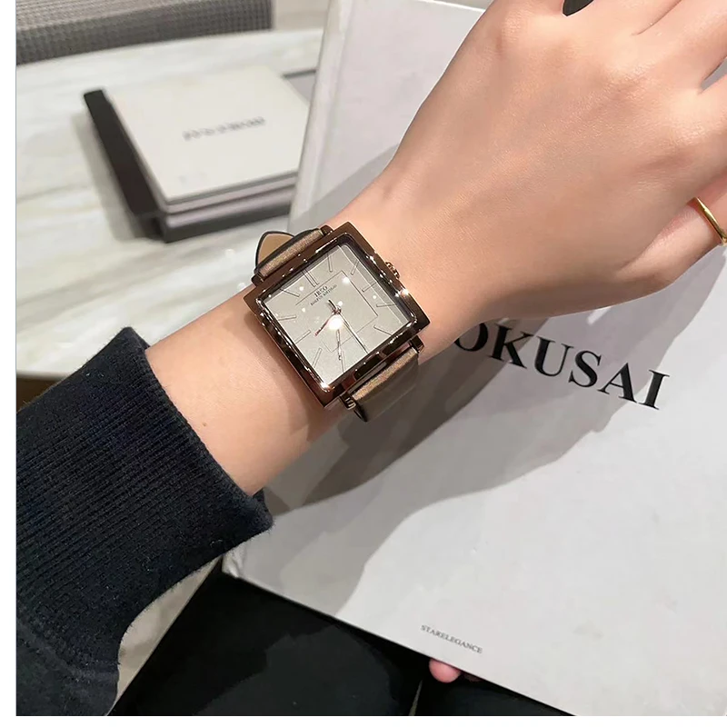 Fashion Women Square Watch Leather Brown Waterproof Vintage Quartz Hand Clock Female Exquisite Original Luxury Wristwatch Ladies