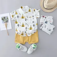 2PCS Children’s Summer 100% Cotton Random Full Print Triangle Pattern Short Sleeved Stand up Collar Shirt and Shorts Set