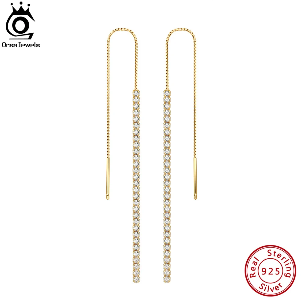 

ORSA JEWELS 14K Gold 925 Sterling Silver Dangle Long Chains Earrings for Women Simple CZ Drop Earings Jewelry Gifts SE111