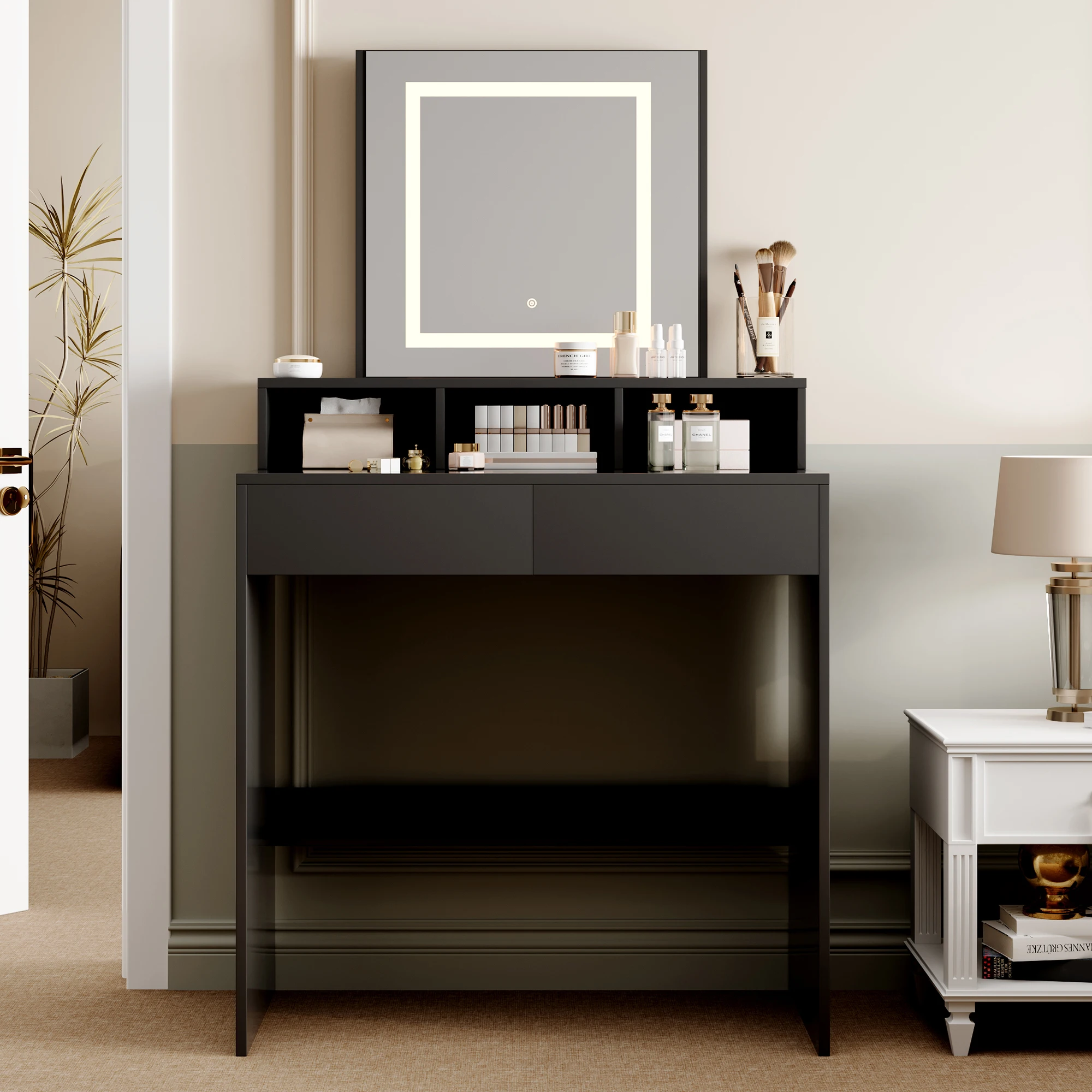 Dressing Table, Vanity Desk with Mirror, LED Lights and Drawers, Makeup Desk with Brightness Adjustable,Large Open Storage-TULSA