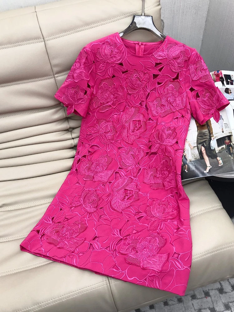 

HIGH STREET Newest Fashion Summer 2024 Women's O-neck Floral Hollow Out Stunning Embroidery Short Sleeve Dress