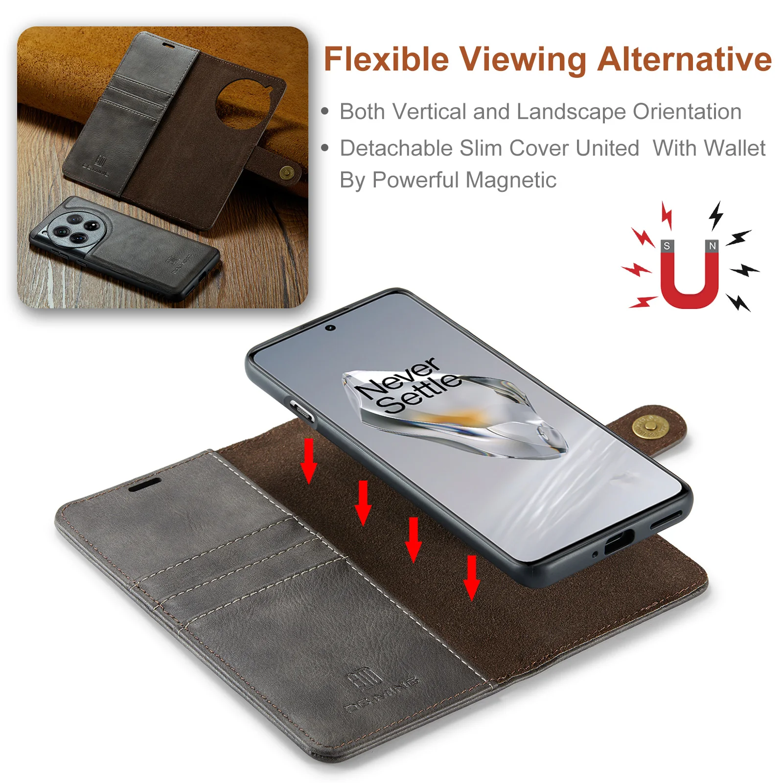 DG.MING Detachable 2Folding Case For OnePlus 13 12 11/Nord 2 5G/9RT 5G Wallet Case Leather Magnetic Cover for OnePlus 9/9Pro/9R 4