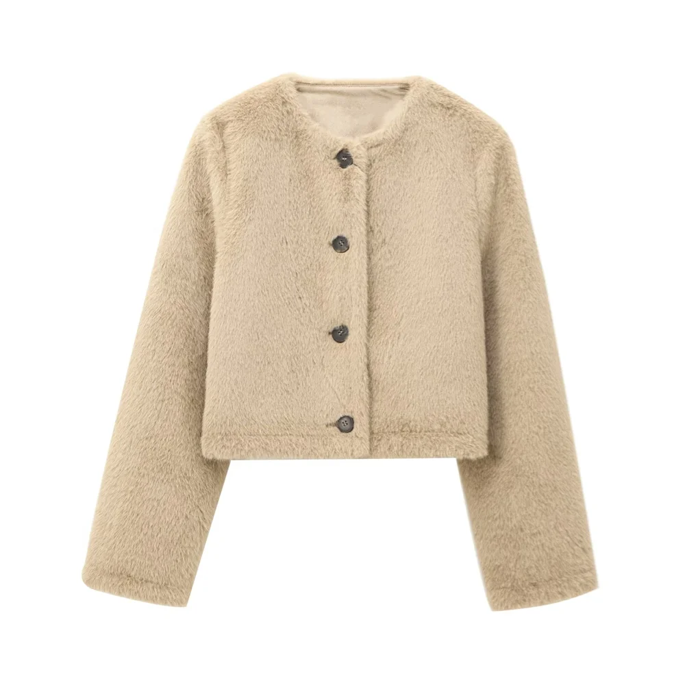 BM&MD&ZA 2024 Autumn New Women's Clothing Style Slimming and Simple Artificial Fur Effect Collarless Short Coat