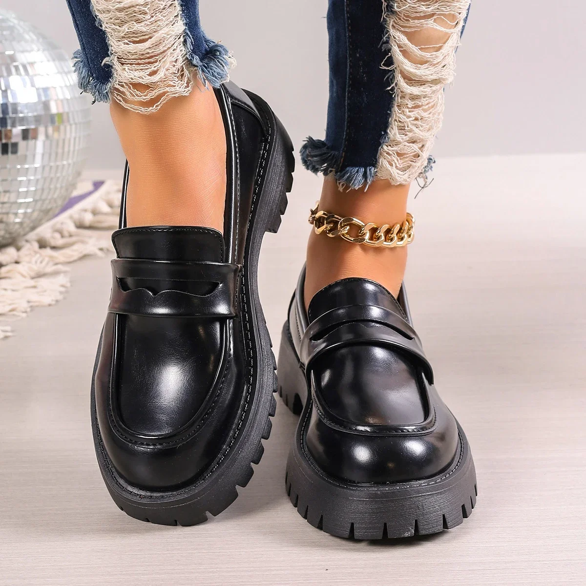 Rimocy Casual Platform Loafers Woman 2025 British Style Black Brown PU Leather Shoes for Women Comfort Slip On Flats Plus Size 5