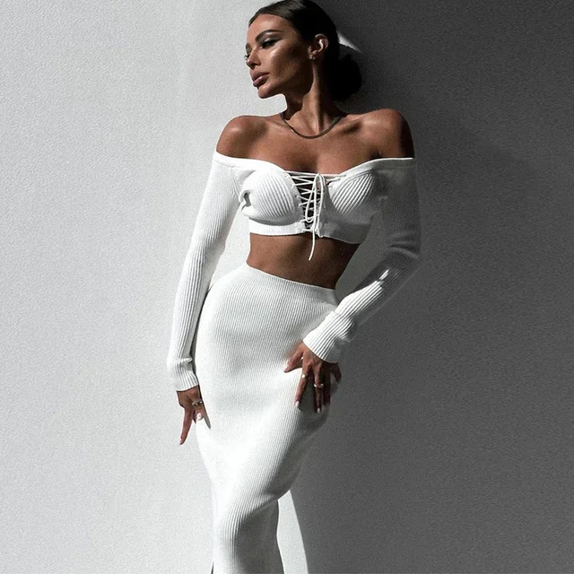 White Knit Two Piece Set Women Outfit 2023 Autumn Winter Ribbed Crop Top And Long Skirt Skirt Sets Fashion Hot Night Club Outfit