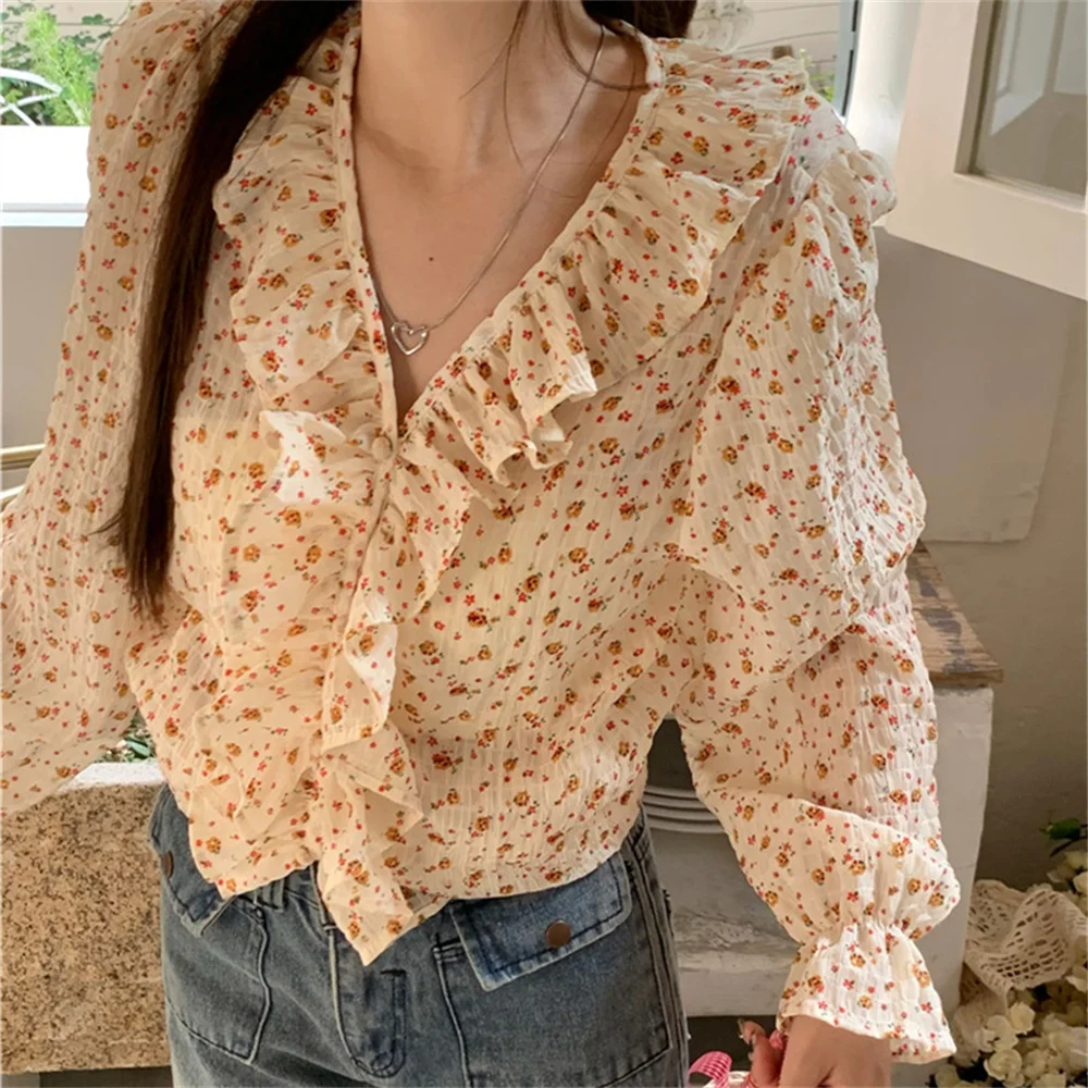 

PLAMTEE Florals Women Shirts Ruffles Summer Printed Sweet Girls Gentle 2023 All Match High Street V-Neck Office Lady Daily