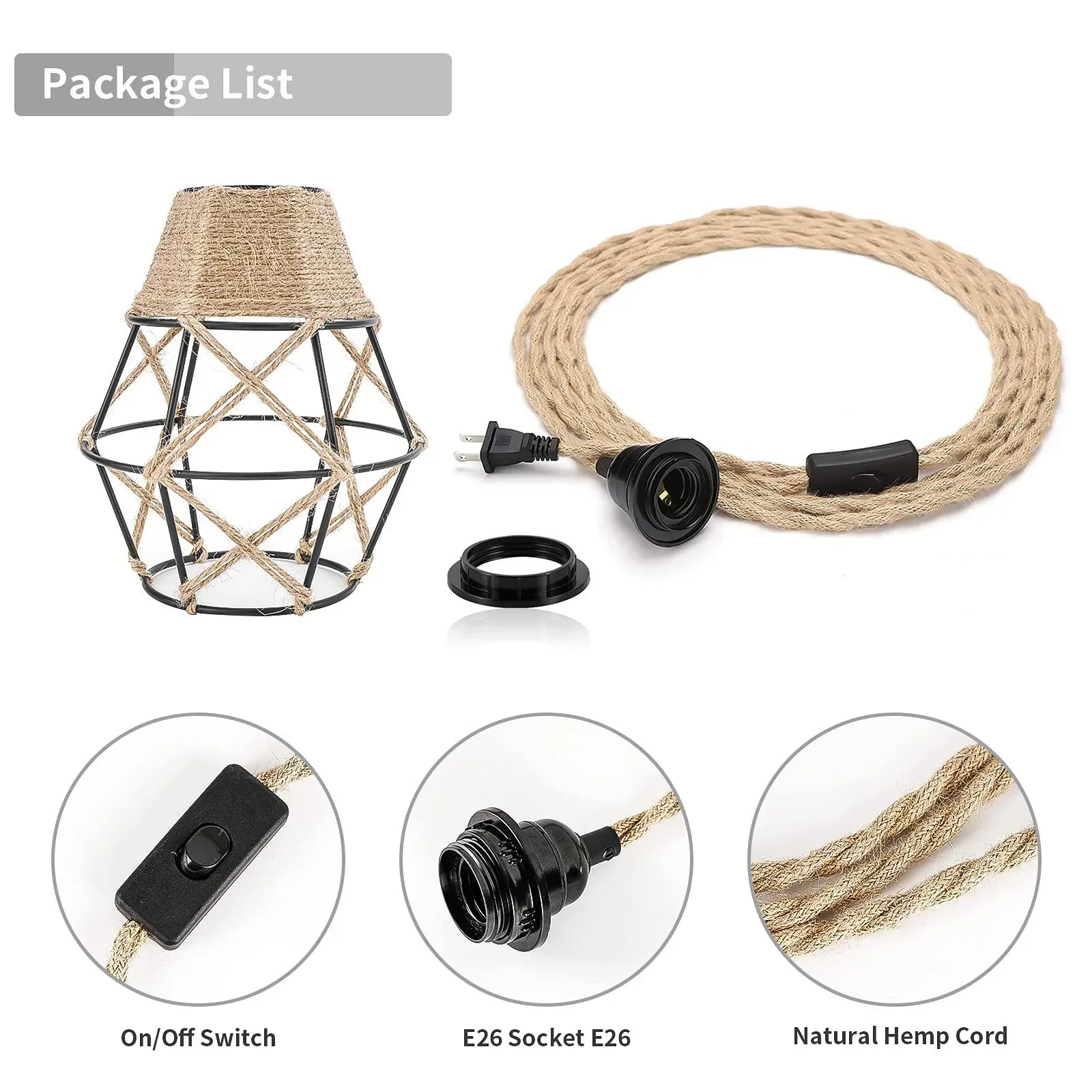 

2M 3M 4.5M Power Cord Pendant Light Twisted Hemp Rope Cable Cages E26 E27 Lamp Holder EU Plug with Switch Edison Bulb Socket