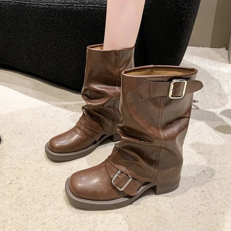 New Winter Boots for Women Medium Heel Thick Chelsea Boots Brand 2024 Pleated Ankle Boots High Heels Gladiator Motorcycle