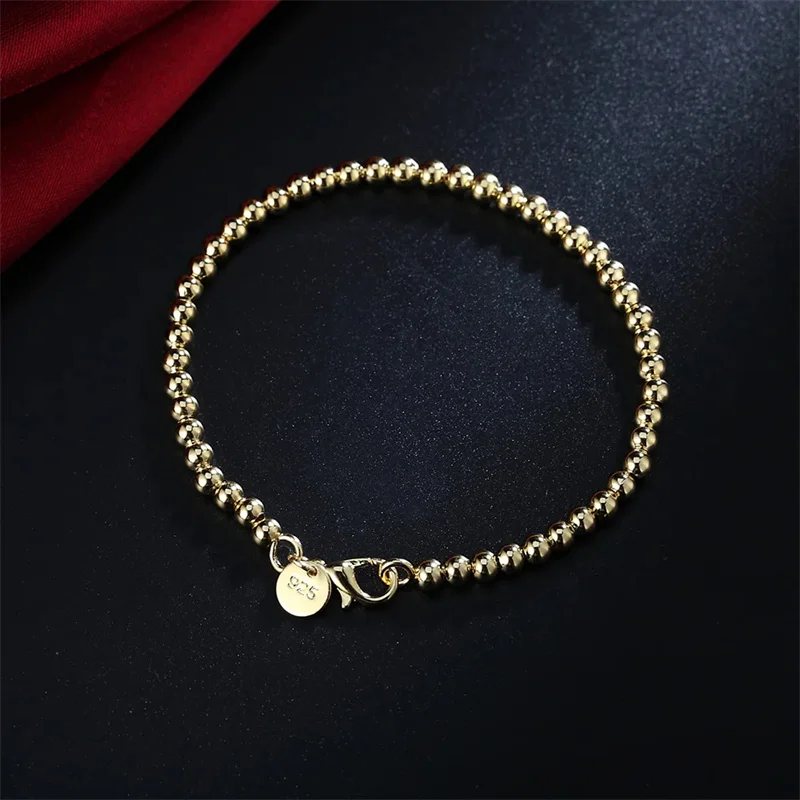 

925 sterling Silver 18K gold color 4MM beads Chain Bracelets for Women Fashion Party Wedding Accessories Jewelry Christmas Gifts