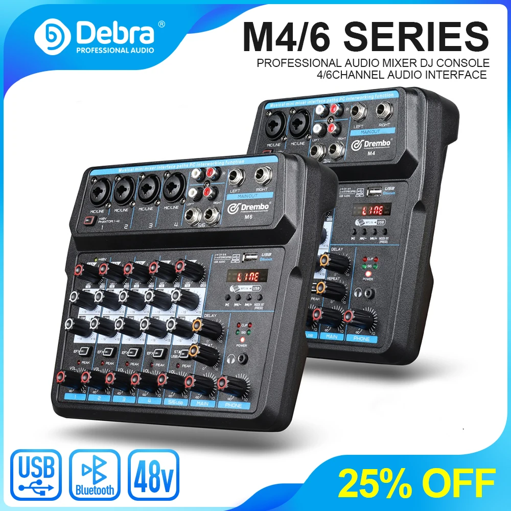 

Debra M4 M6 Aduio Mixer DJ Console With Sound Card Bluetooth For PC Recording Karaoke Mic Instrument Mixing Audio Interface