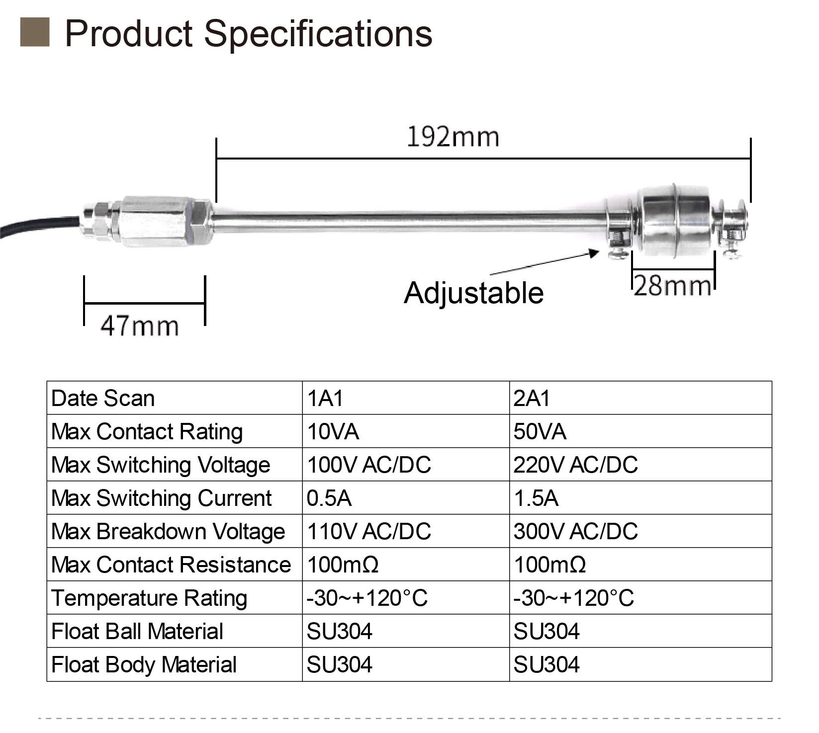 304 Stainless Steel Liquid Level Sensor Float Switch Adjustable 100‑800mm Single