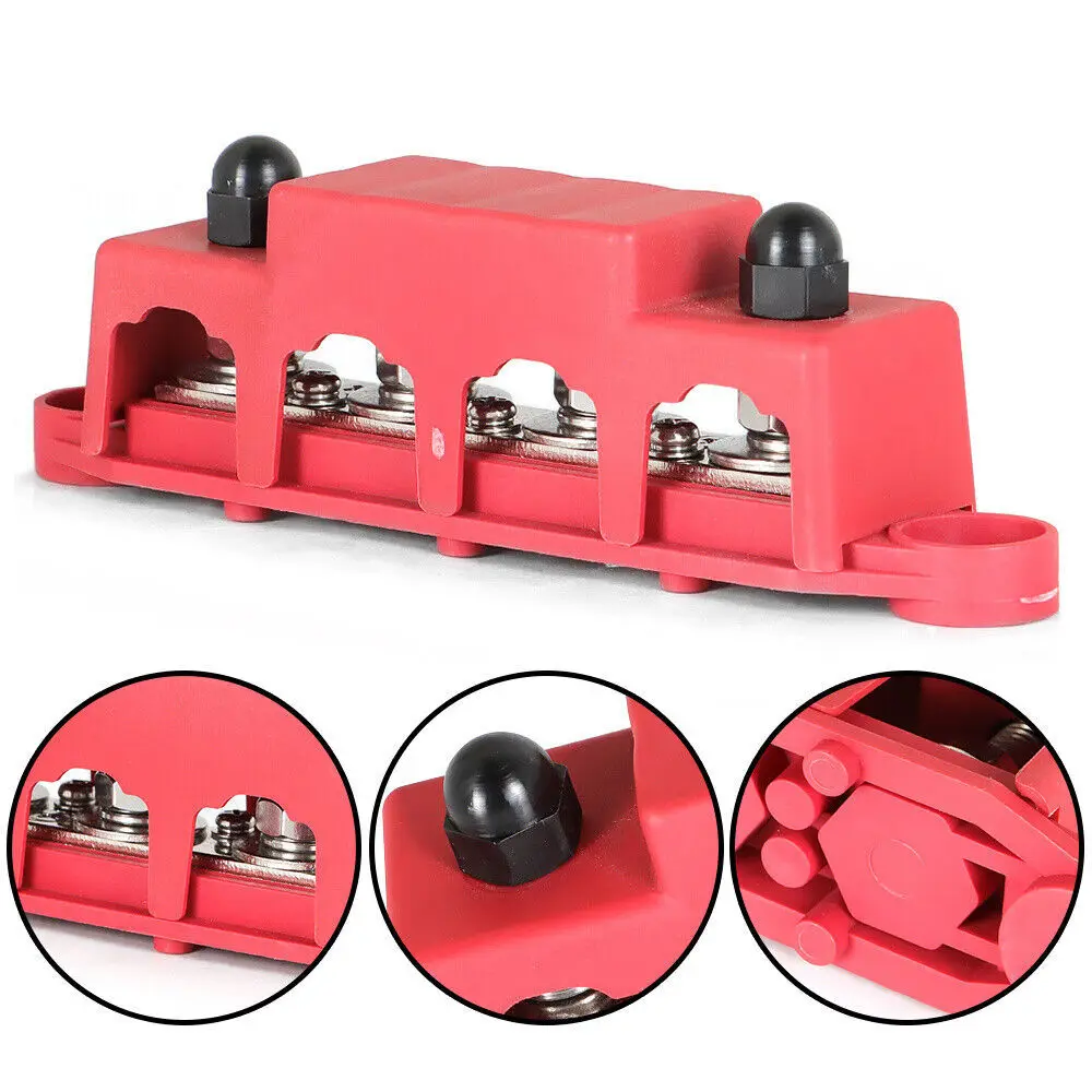 Power Distribution Block M8 M10 4 Studs Power Distribution Block 250A Rating BUSBAR Bus Bar With Cover For Car Boat Auto Yacht RVs