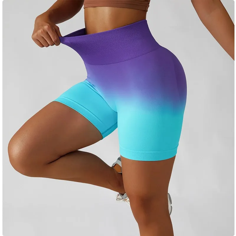 

Dip Dye Gradient Hip Lifting Fitness Shorts Women's High Waist Tight Triple Peach Hip Quick Dried Yoga Cycling Sports Shorts