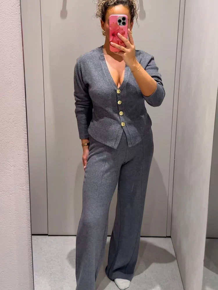 TFMLN Autumn Straight Pant Sets For Women Simple V Collar Commuting Top Fashion High Waist Streetwear Female Pant Two Piece Set