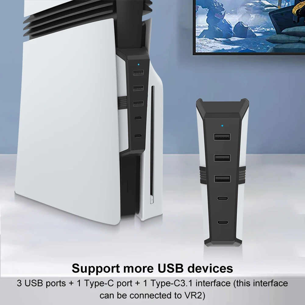 5 Ports Charger Adapter Converter with 3x USB 2.0 1x USB Type-C 1x Type-C 3.1 Data Transfer Extender for PlayStation 5 Pro