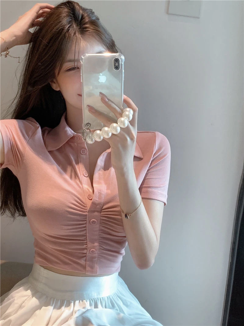 High Waist Stretch Short Cropped Navel Women's Top Sexy Y2K Solid Ladies Cardigan Shirt Fashion Women Short Sleeve145_voghion.com