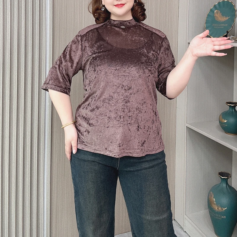 Women's Ice Flannel Half Sleeve T-shirt, Plus Size Tops, Spring and Autumn, New