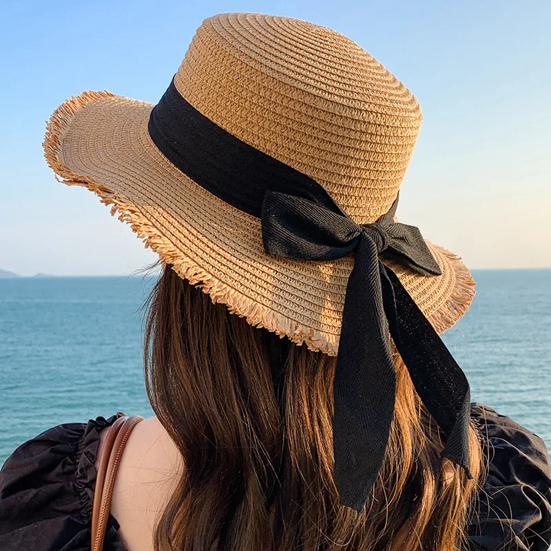 Tassel Female Lace Bow Bowknot Straw Hat Summer Women Ladies Casual Floppy Sun Hat Ribbon Sunscreen Cap for Beach