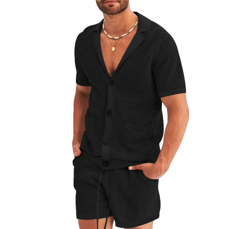 New Activewear Set Men Casual Hollow Out Turn Down Short Sleeve Cardigan Shirts+Shorts Streetwear Fishnet  Two Piece Suit