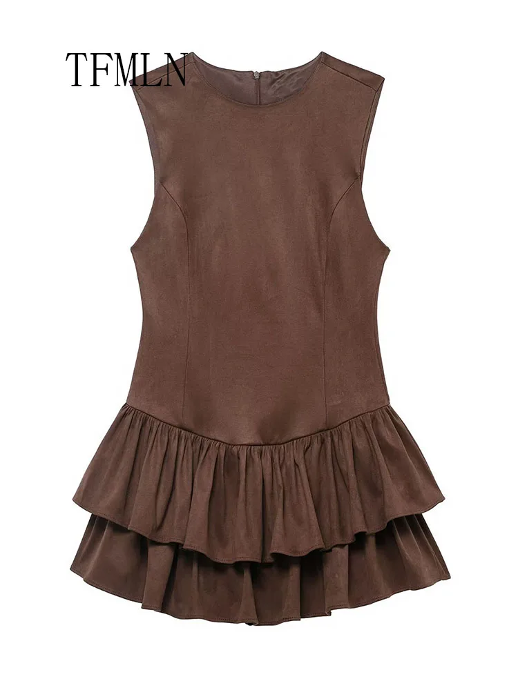 Elegant Women Solid Layered Mini Dress Hot Fashion Girl Sleeveless O-Neck Nipped Waist Slim Ruffles Splice Sexy Vest Dress