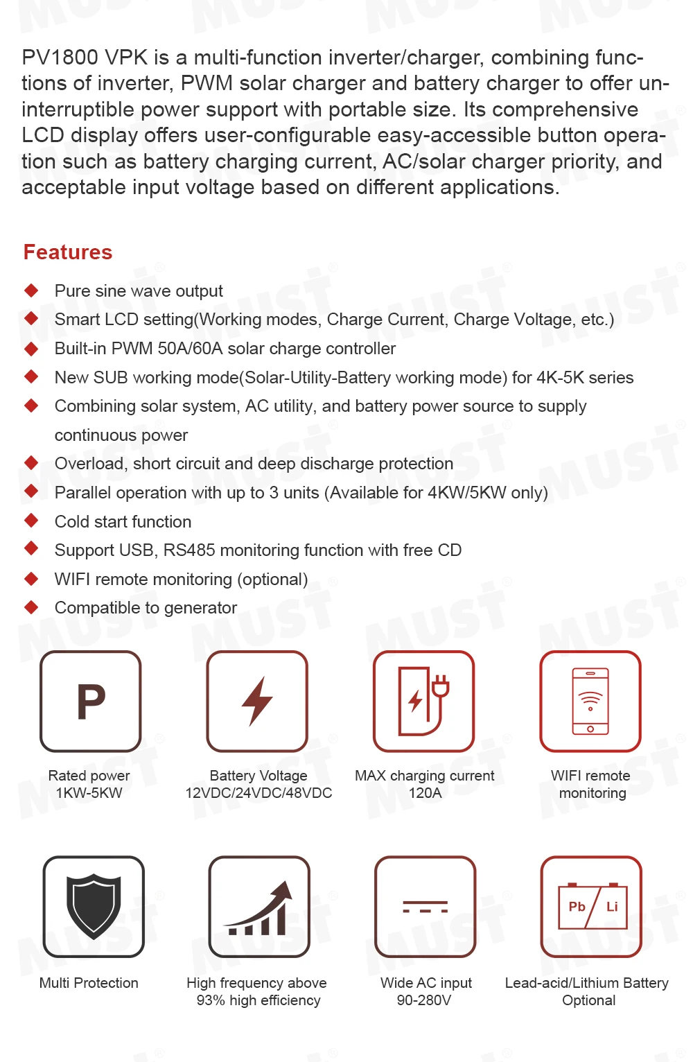 MUST New model PV18 VPK series 1kw 2kw 3kw 4kw 5kw hybrid solar inverter  with charge controller for off grid solar energy system - AliExpress