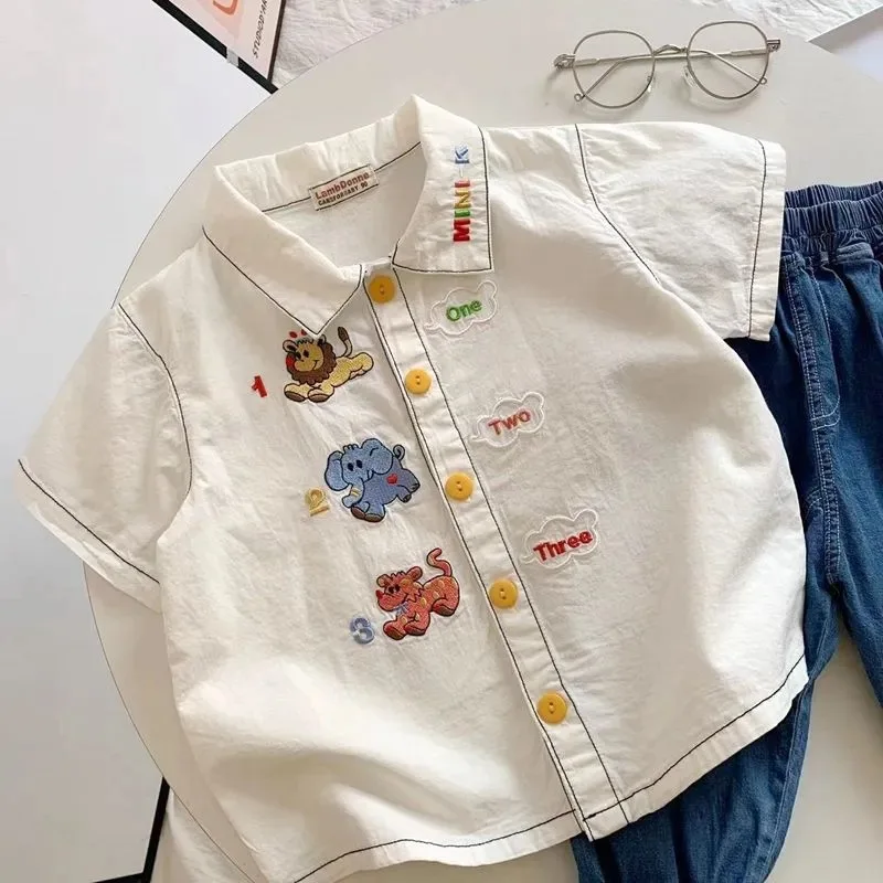 Kids Boys Shirts Korean Summer Cotton Cartoon Embroidery Short Sleeve 1-6Y