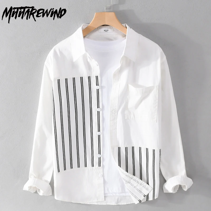 

Spring New White Shirt Men Daily Causal Pure Cotton Long Sleeve Shirts Lapel Stripe Stitching Designer Shirt Simple Fashion Tops