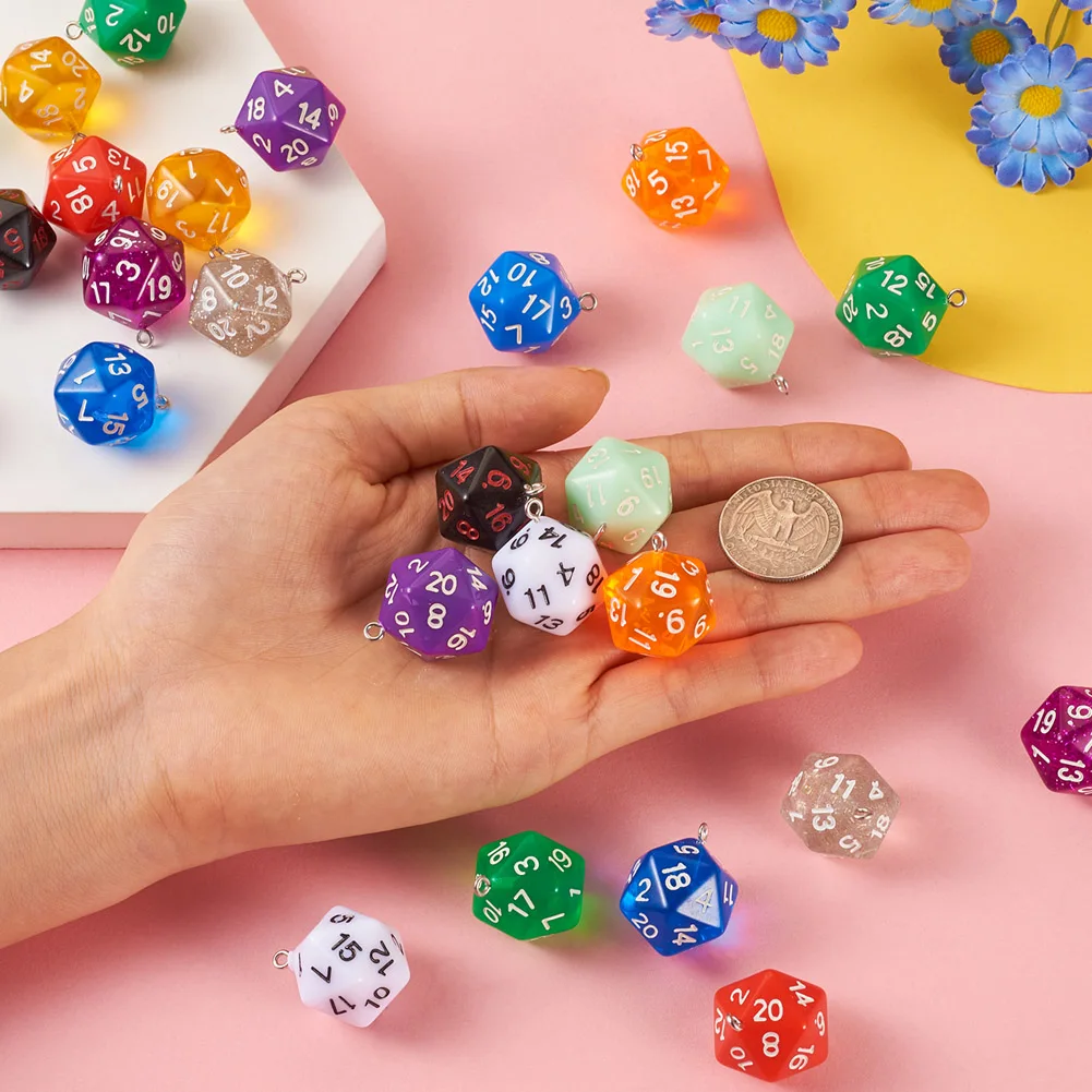 26pcs Resin Polyhedral Dice Pendants 20 Sided Dice Charm with Iron Loops for Jewelry Making DIY Bracelet Necklace Findings