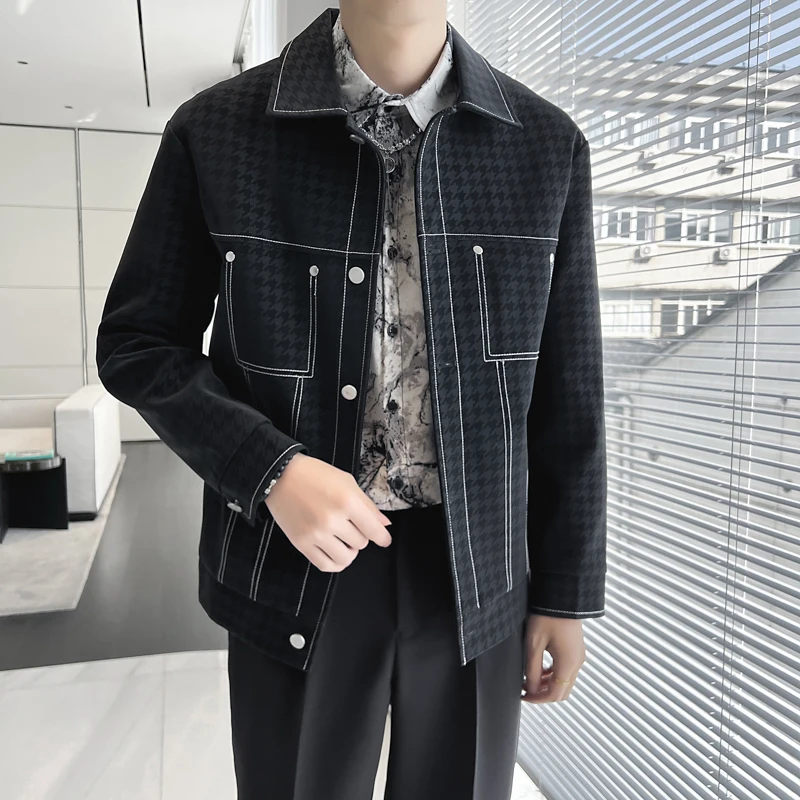 

Autumn Bright Line Design PU Leather Jacket Men Fashion Loose Casual Motorcycle Bike Jacket Lapel Streetwear Social Outwear 2023