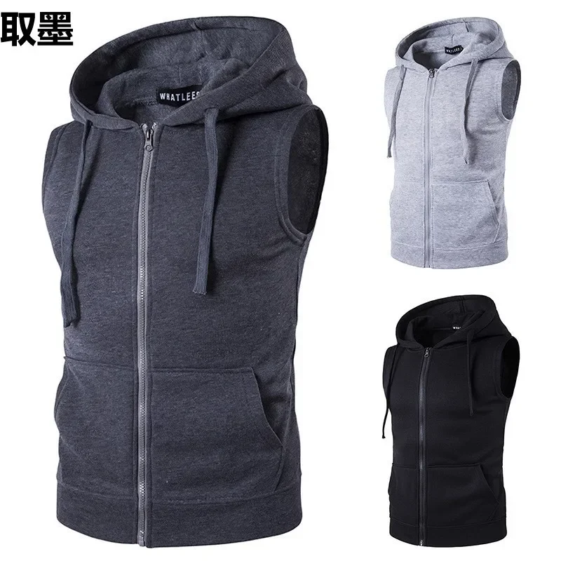 Mens Vest Trendy Men's Sports Capuchion Jacket Vest Zipper Up Hooded Sleeveless Gym Fitness Wearable Wireless Electronics