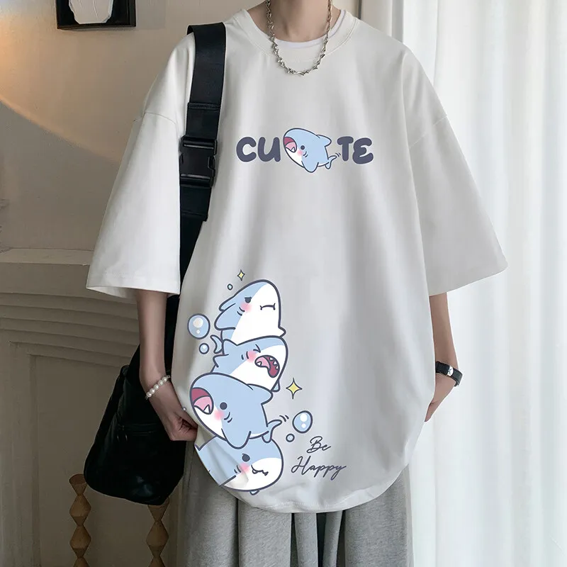 Men's Cotton T-shirts White Men Oversized T Shirt Anime Shark Print Summer Casual Wear 5XL Tee Shirts Big Size Male Clothes