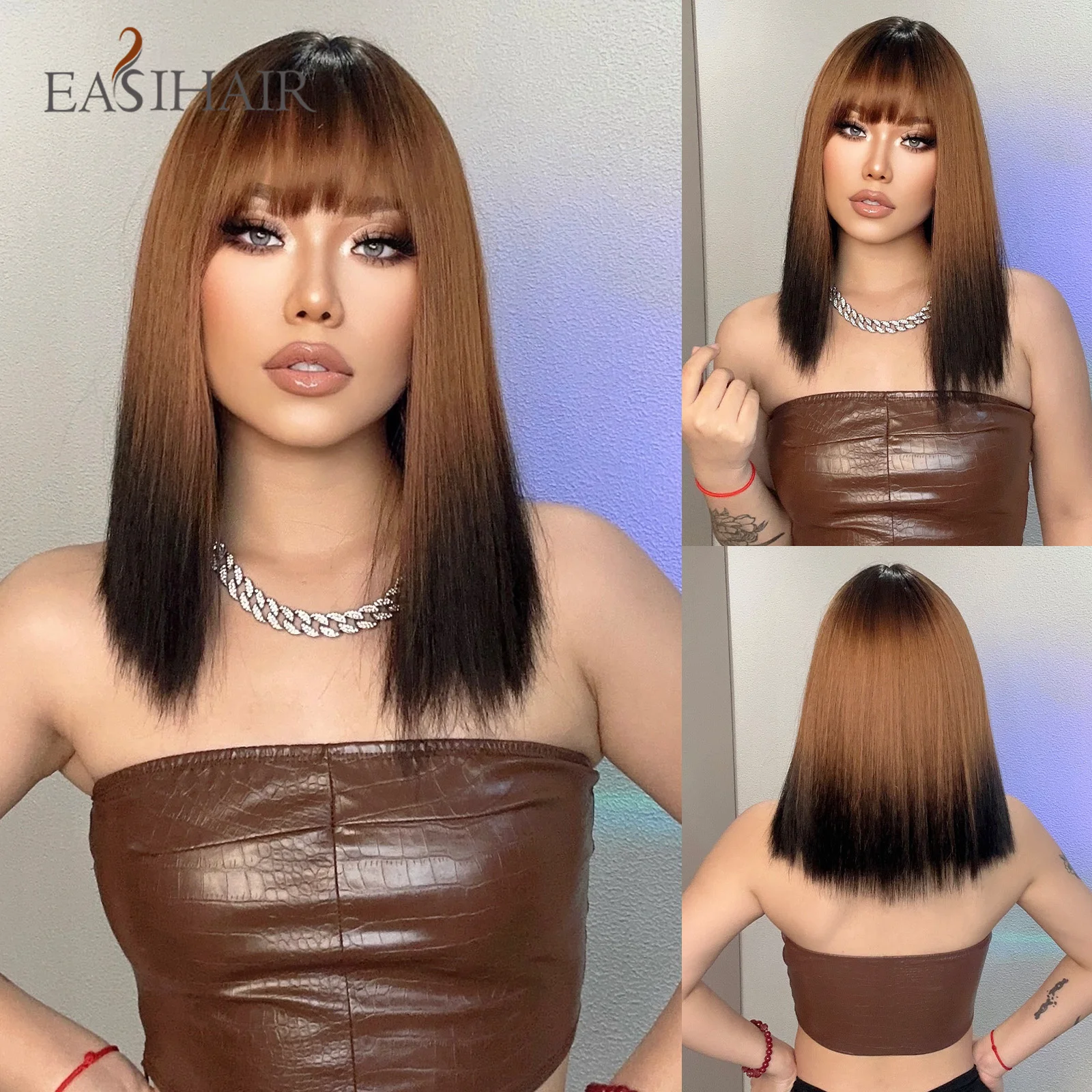 EASIHAIR Black to Brown Ombre Synthetic Wigs with Bangs Middle length Natural Hair Wigs Cosplay Hair for Women Heat Resistant