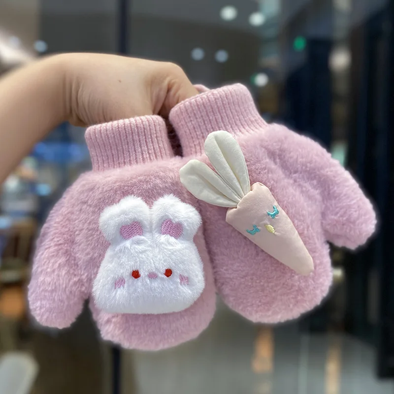3 Colors Girls Warm Plush Thick Baby Gloves Winter Plus Coral Fleece Full Finger Gloves Cartoon Bunny Gloves for Kids 1-4Y 2