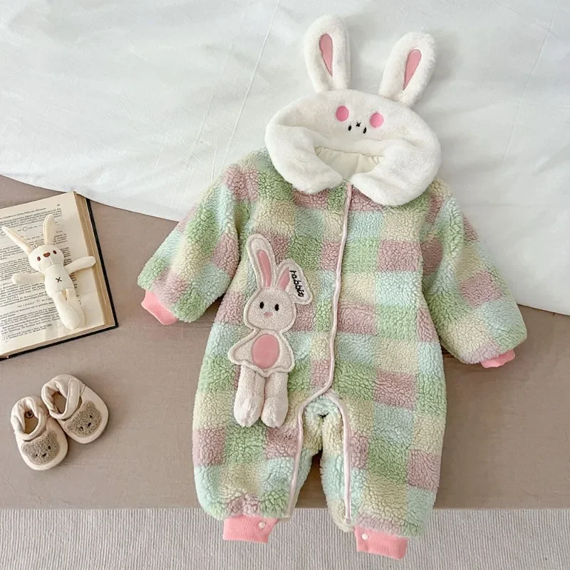 

HoneyCherry Winter New Female Baby Rabbit Shaped Romper Thickened Warm Plush Plaid Romper Newborn Baby Clothes