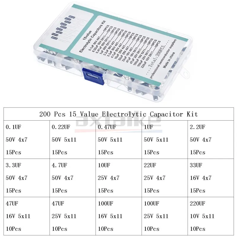 electrolytic capacitor 120/200/500Pcs 16V 25V 50V 0.1uF-1000uF Aluminum Electrolytic Capacitor Assorted Kit Box 1uF 4.7uF 10uF 47uF 220uF 330uF 470uF