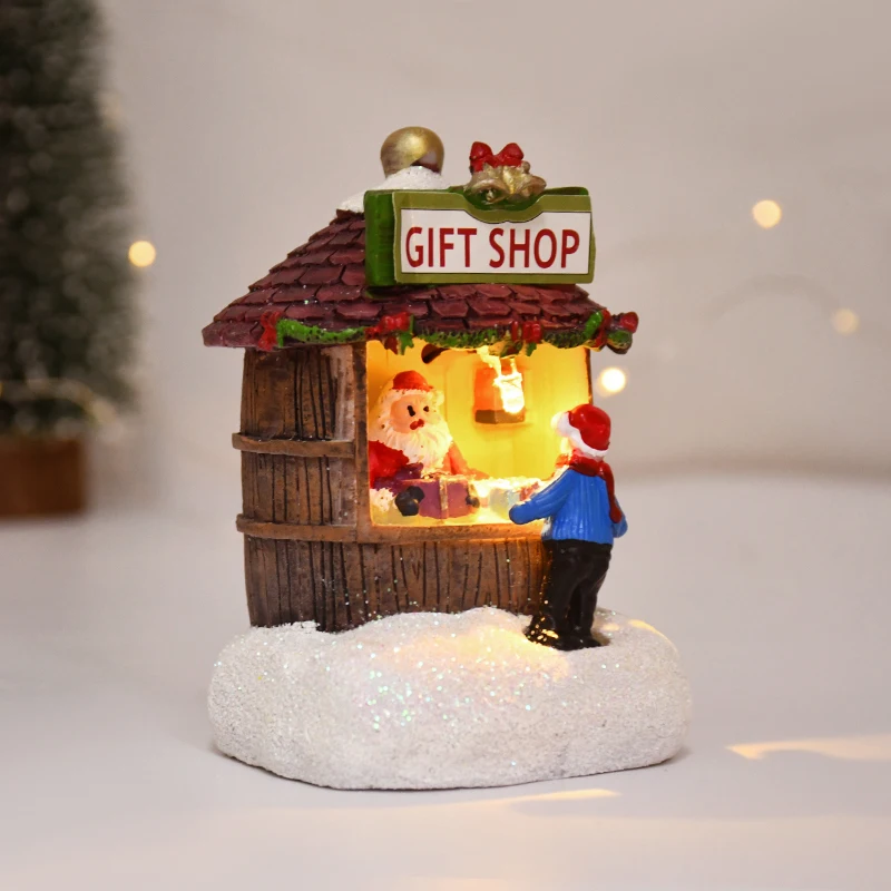 Christmas LED Light Resin House Santa Claus Gift Shop Ornaments 2025 New Year Decoration for Home Luminous Cabin Landscape Craft