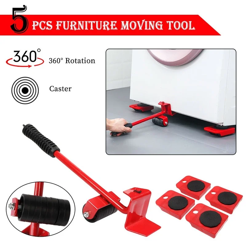 1 Set Heavy Furniture Move Roller Tools Furniture Lifter 4 Mover Roller 360 Degree +1 Wheel Bar Rotatable Max Up 150KG/330LBS